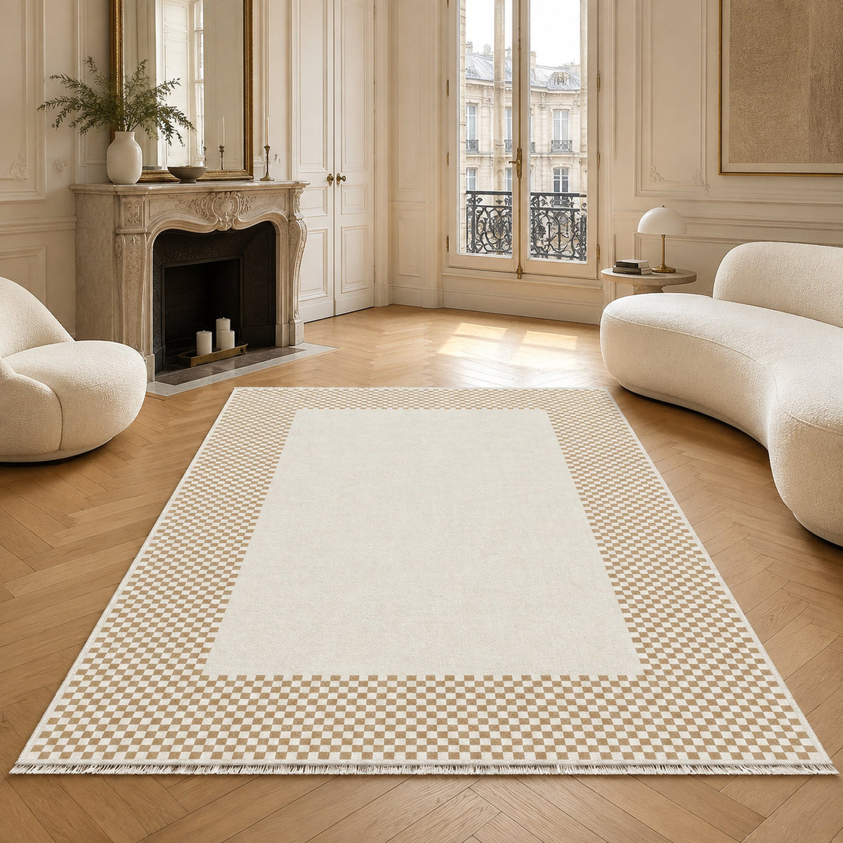Tapis Géométrique Moderne Crème et Blanc Lavable Suzanne, vue 3