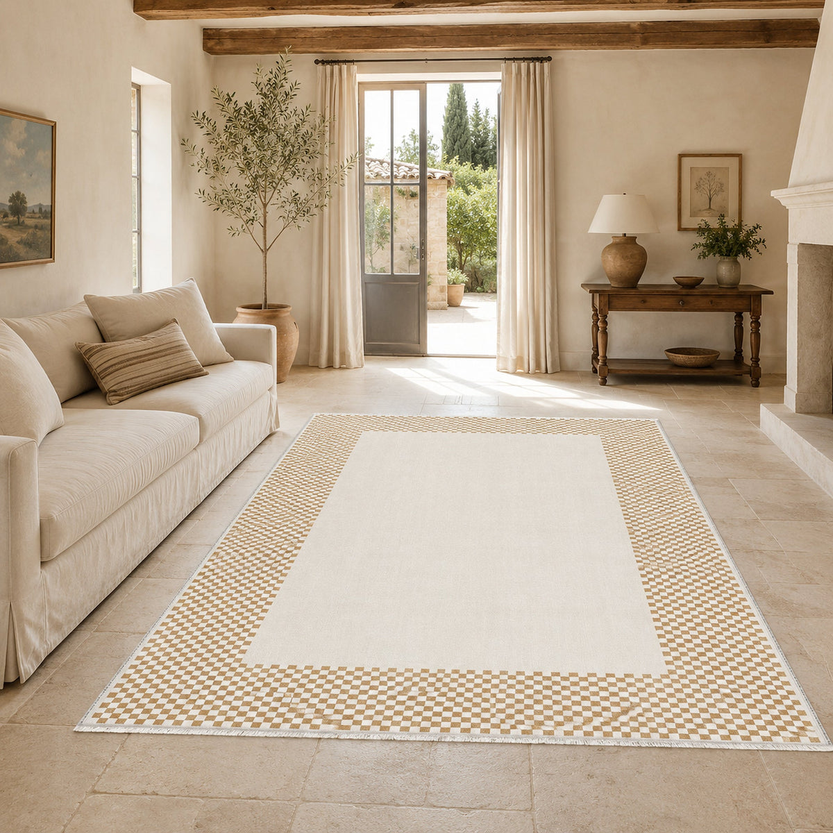 Tapis Géométrique Moderne Crème et Blanc Lavable Suzanne, vue 4