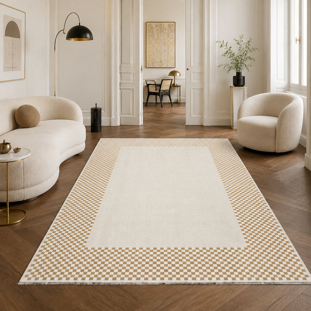 Tapis Géométrique Moderne Crème et Blanc Lavable Suzanne, vue 6