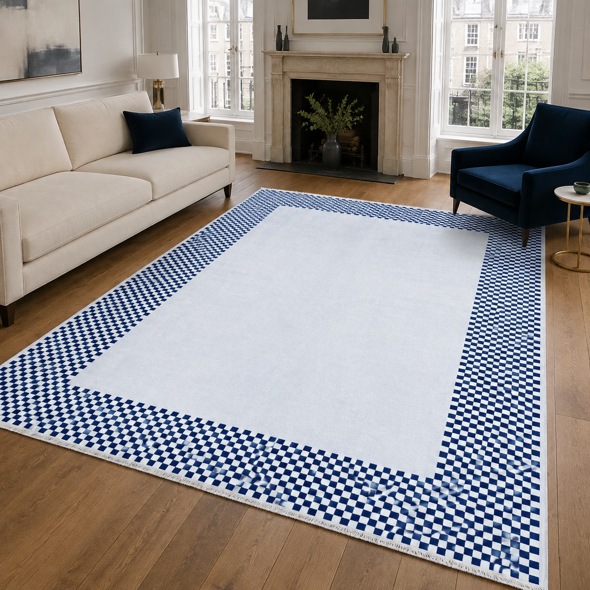Tapis Géométrique Moderne Crème et Blanc Lavable Aïda, vue principale