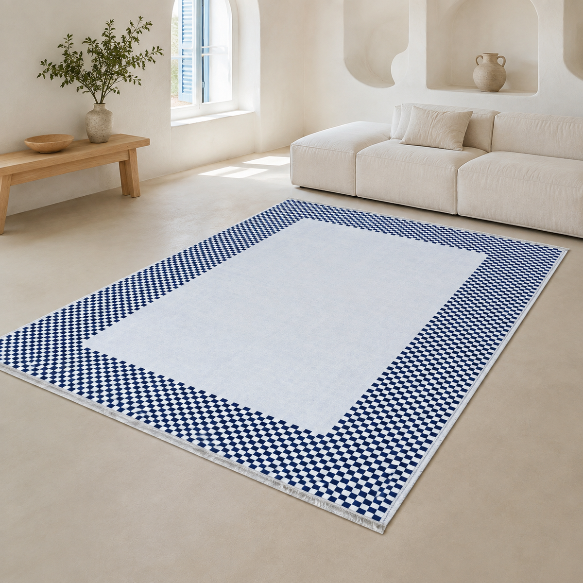 Détail du motif du tapis géométrique moderne crème et blanc lavable Aïda