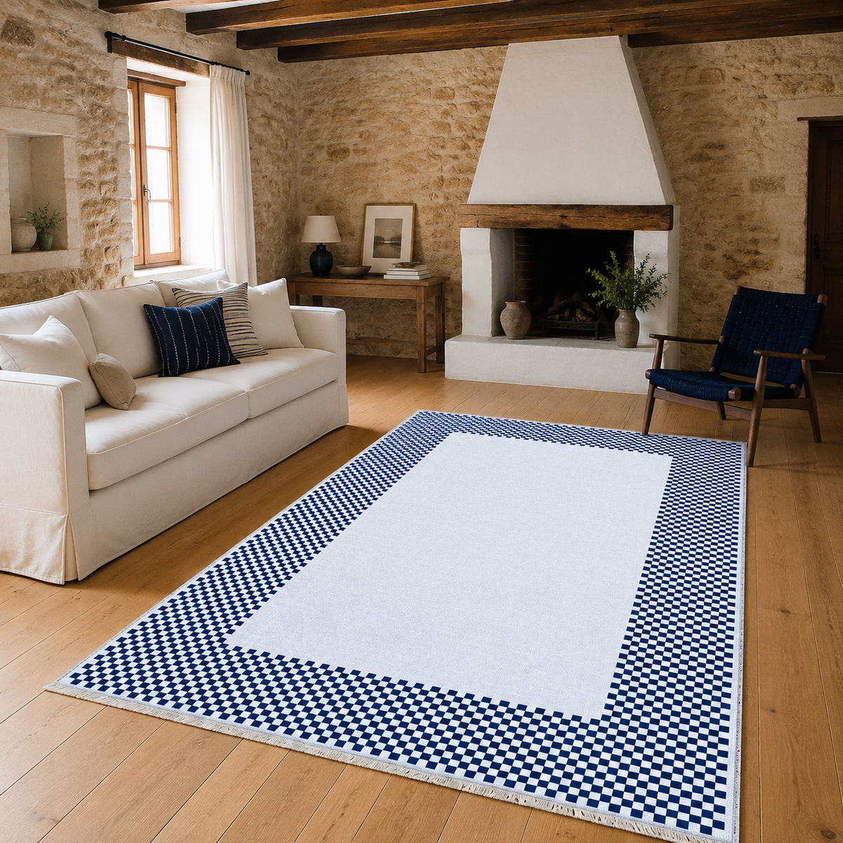 Tapis Géométrique Moderne Crème et Blanc Lavable Aïda, vue 3