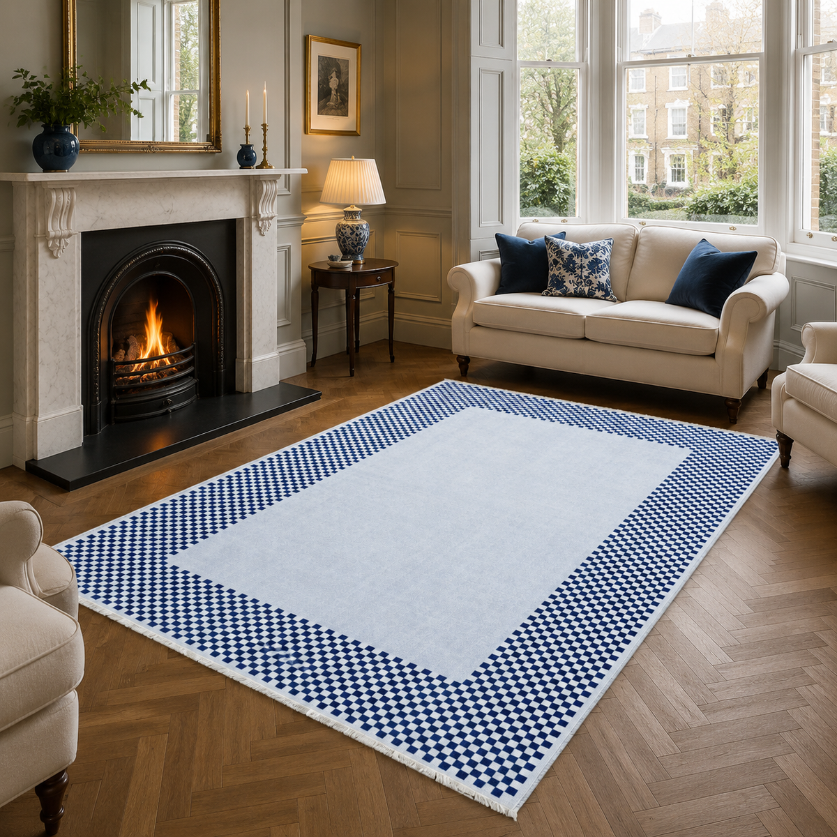 Tapis Géométrique Moderne Crème et Blanc Lavable Aïda, vue 5