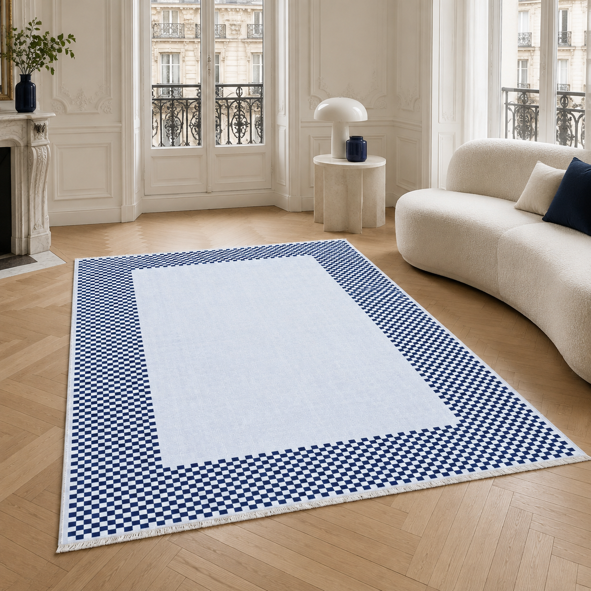 Tapis Géométrique Moderne Crème et Blanc Lavable Aïda, vue 6