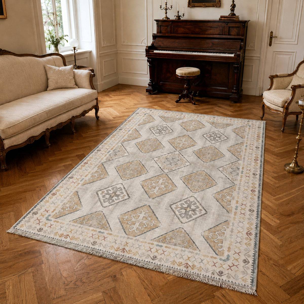 Tapis Classique Crème et Blanc Lavable Pamina, vue principale