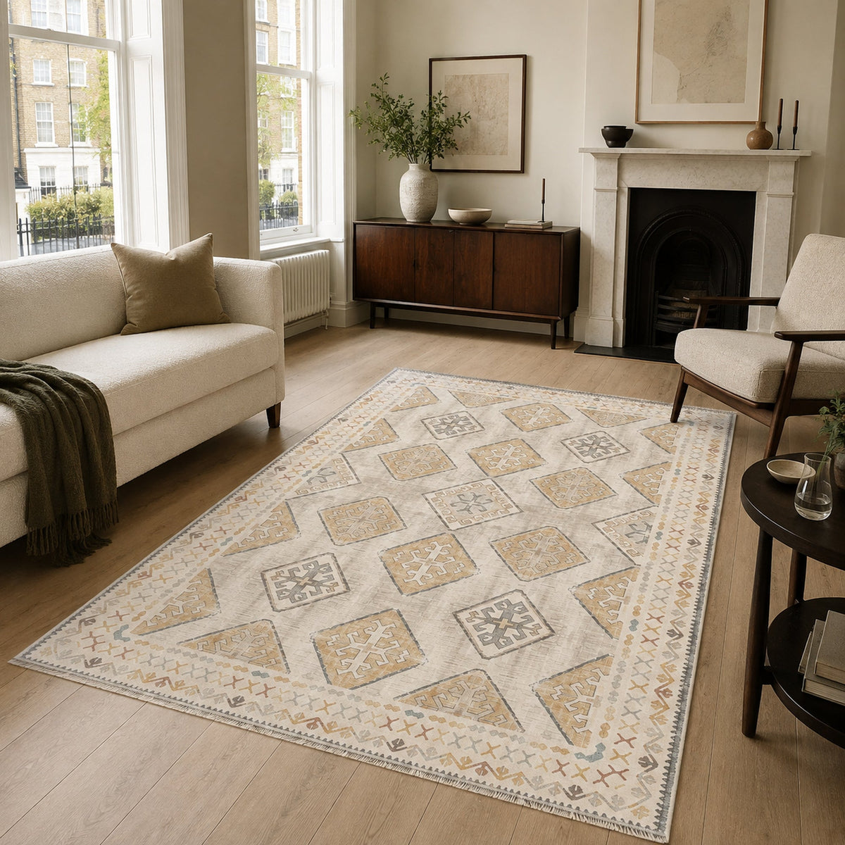 Détail du motif du tapis classique crème et blanc lavable Pamina