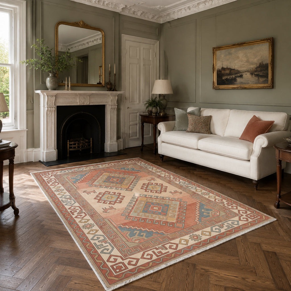 Détail du motif du tapis ethnique bleu marine lavable Bastia