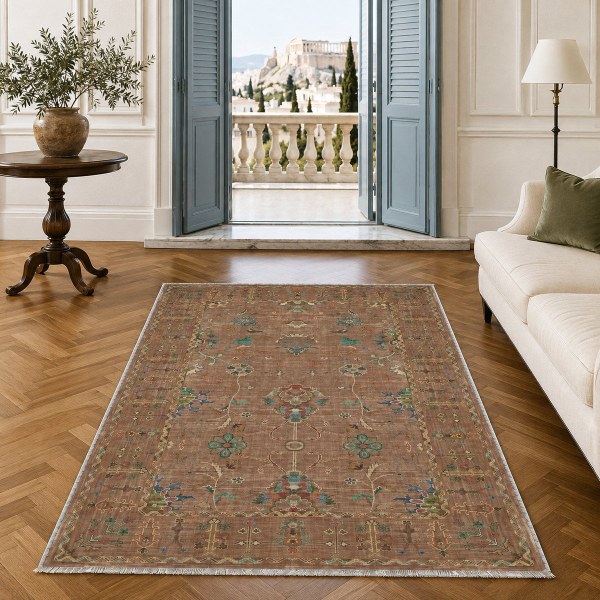 Détail du motif du tapis classique bleu marine lavable Anouk