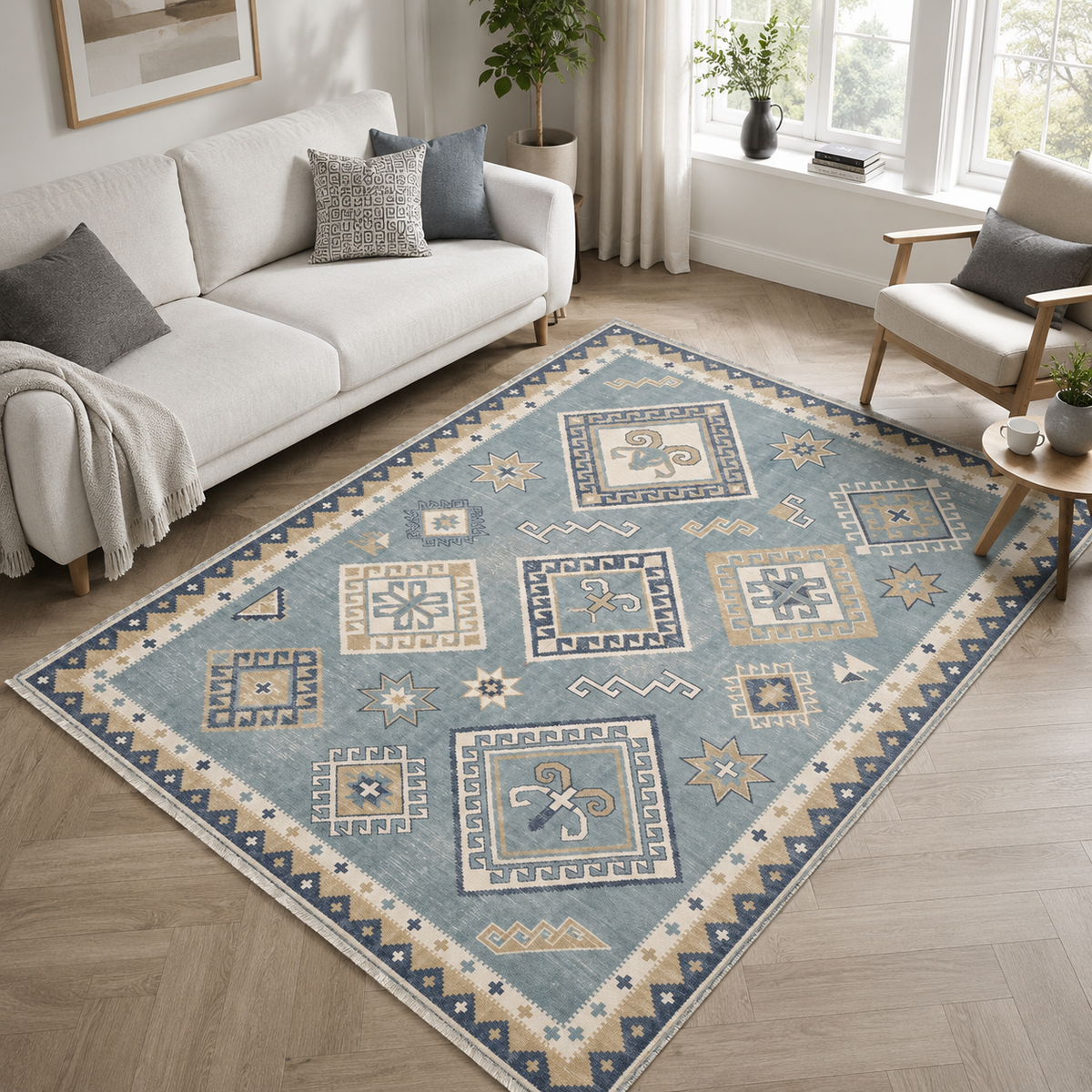 Tapis Ethnique Vintage Crème et Blanc Lavable Riva, vue 9