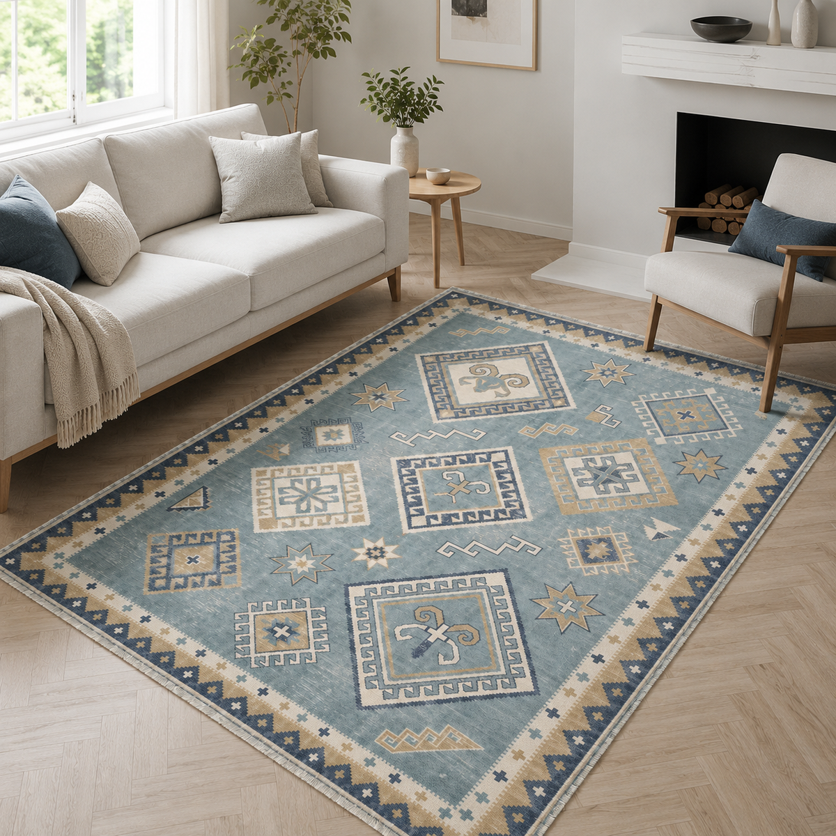 Tapis Ethnique Vintage Crème et Blanc Lavable Riva, vue 3