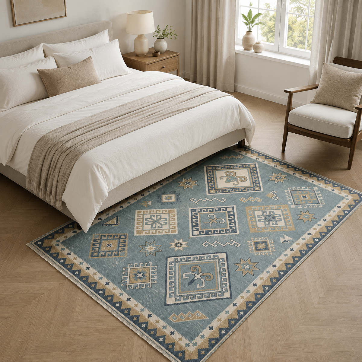 Tapis Ethnique Vintage Crème et Blanc Lavable Riva, vue 6