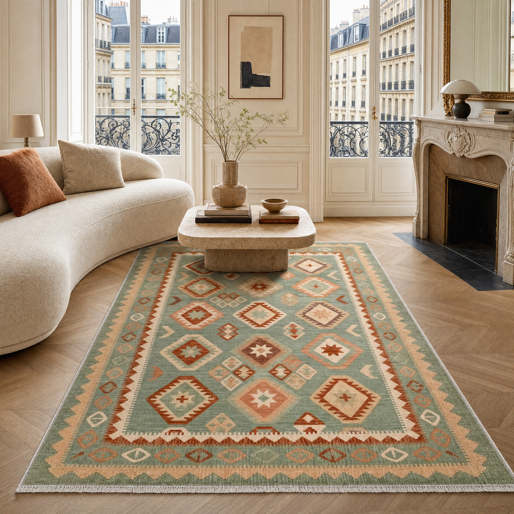 Détail du motif du tapis ethnique vintage gris lavable Éloi