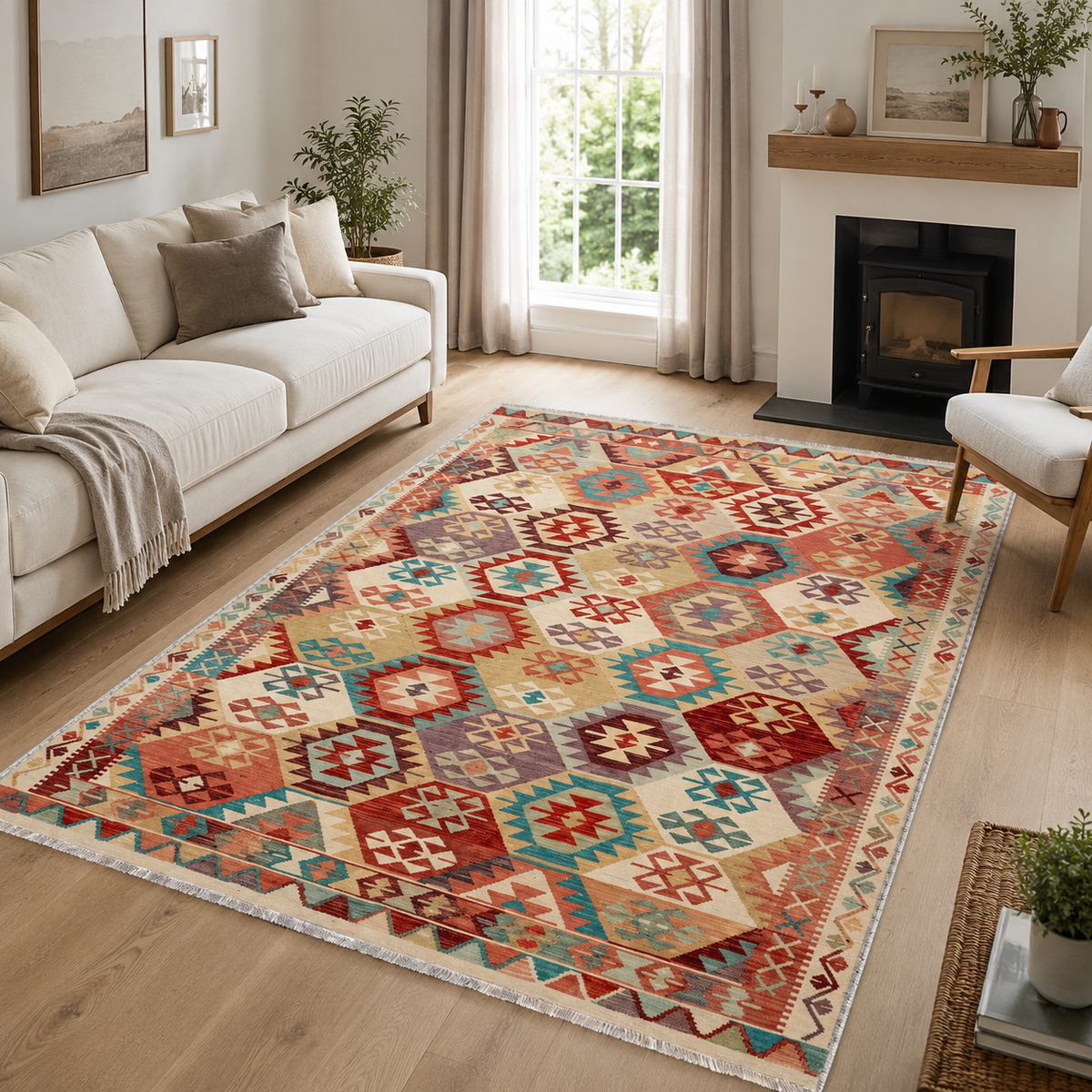 Tapis Ethnique Crème et Blanc Lavable Zélia, vue 4