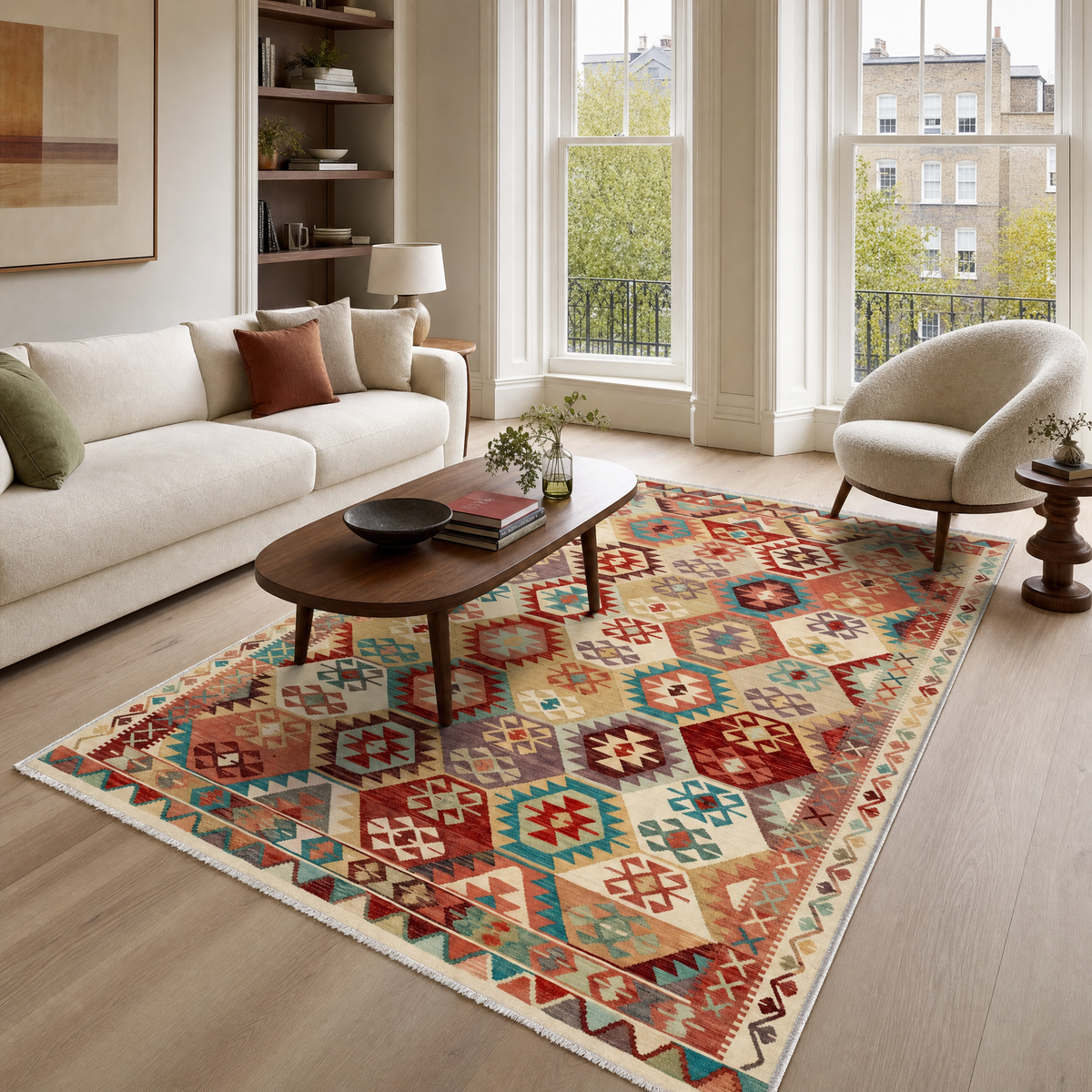 Tapis Ethnique Crème et Blanc Lavable Zélia, vue principale