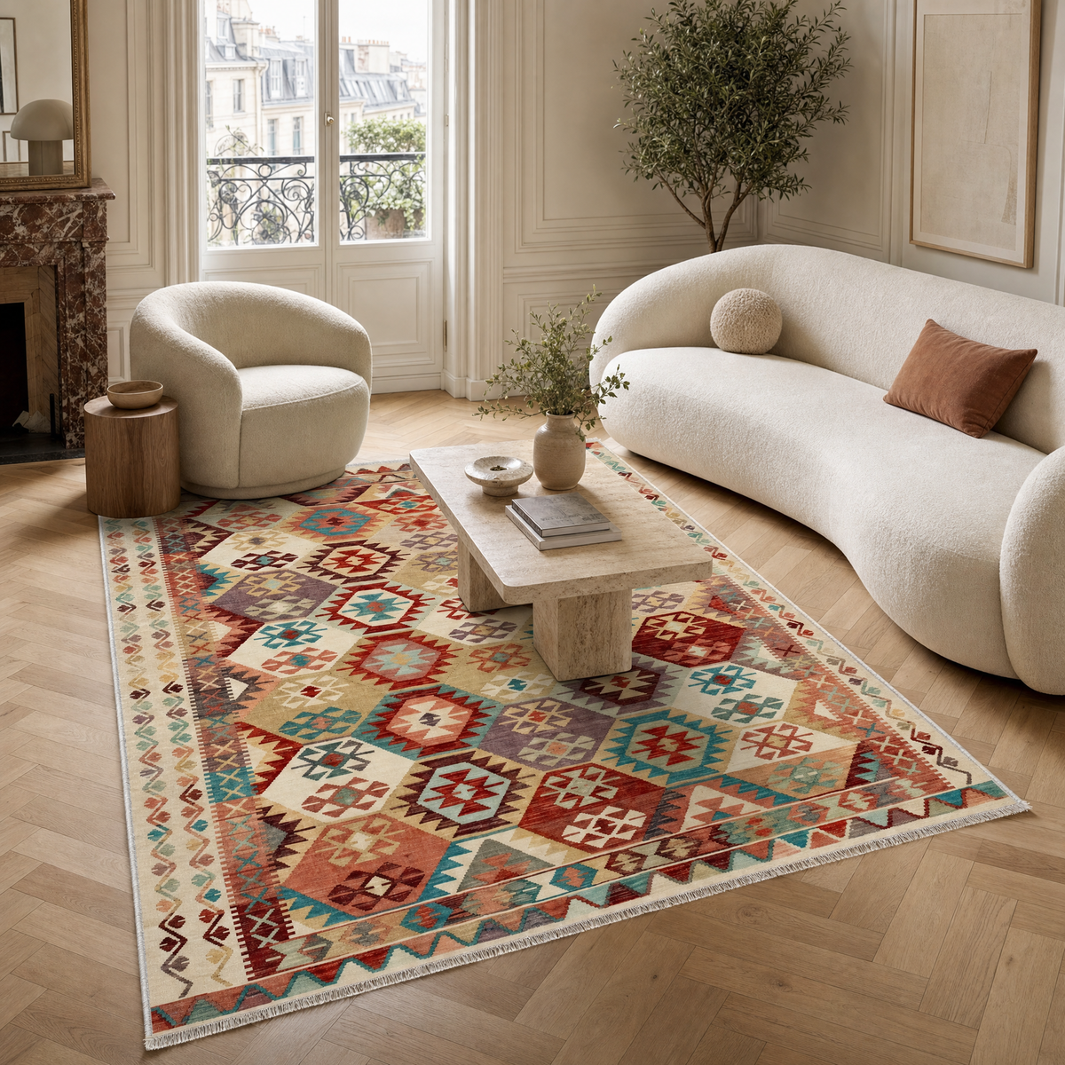 Détail du motif du tapis ethnique crème et blanc lavable Zélia