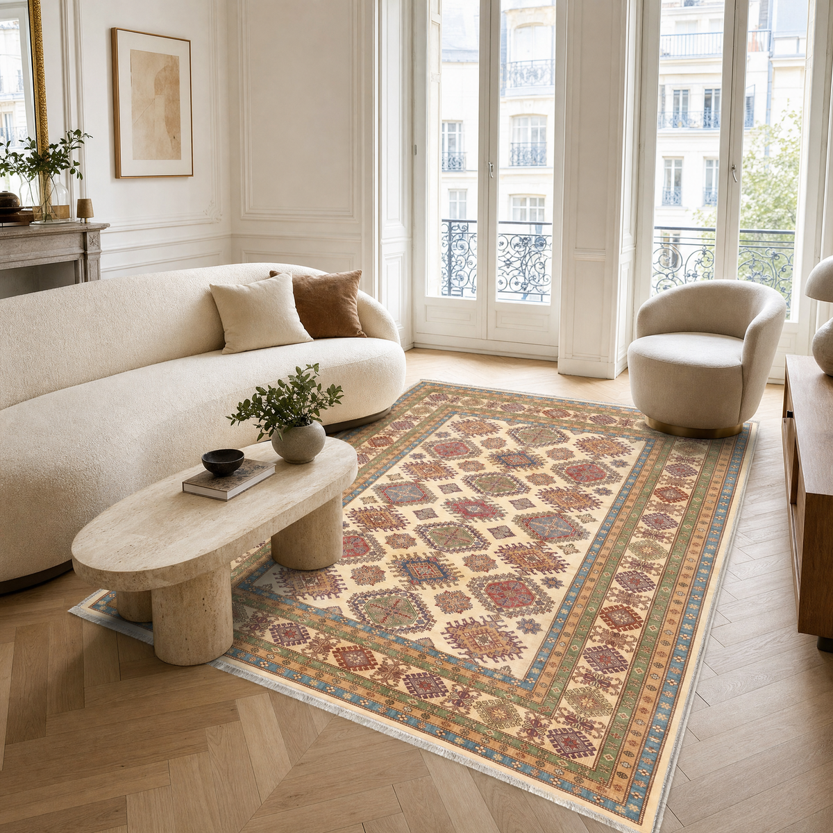 Détail du motif du tapis ethnique crème et blanc lavable Adèle