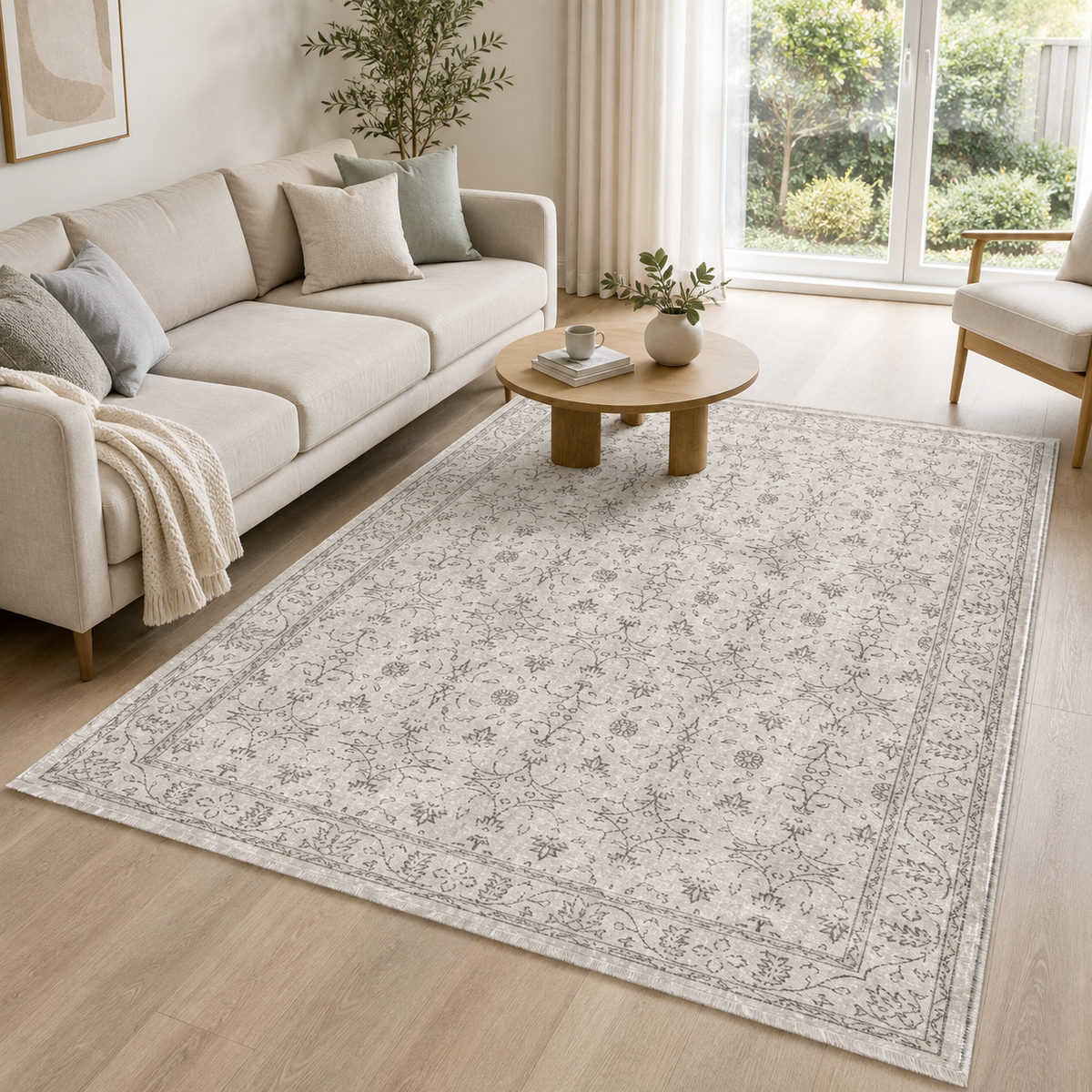 Tapis Géométrique Vintage Crème et Blanc Lavable Jeanne, vue 4
