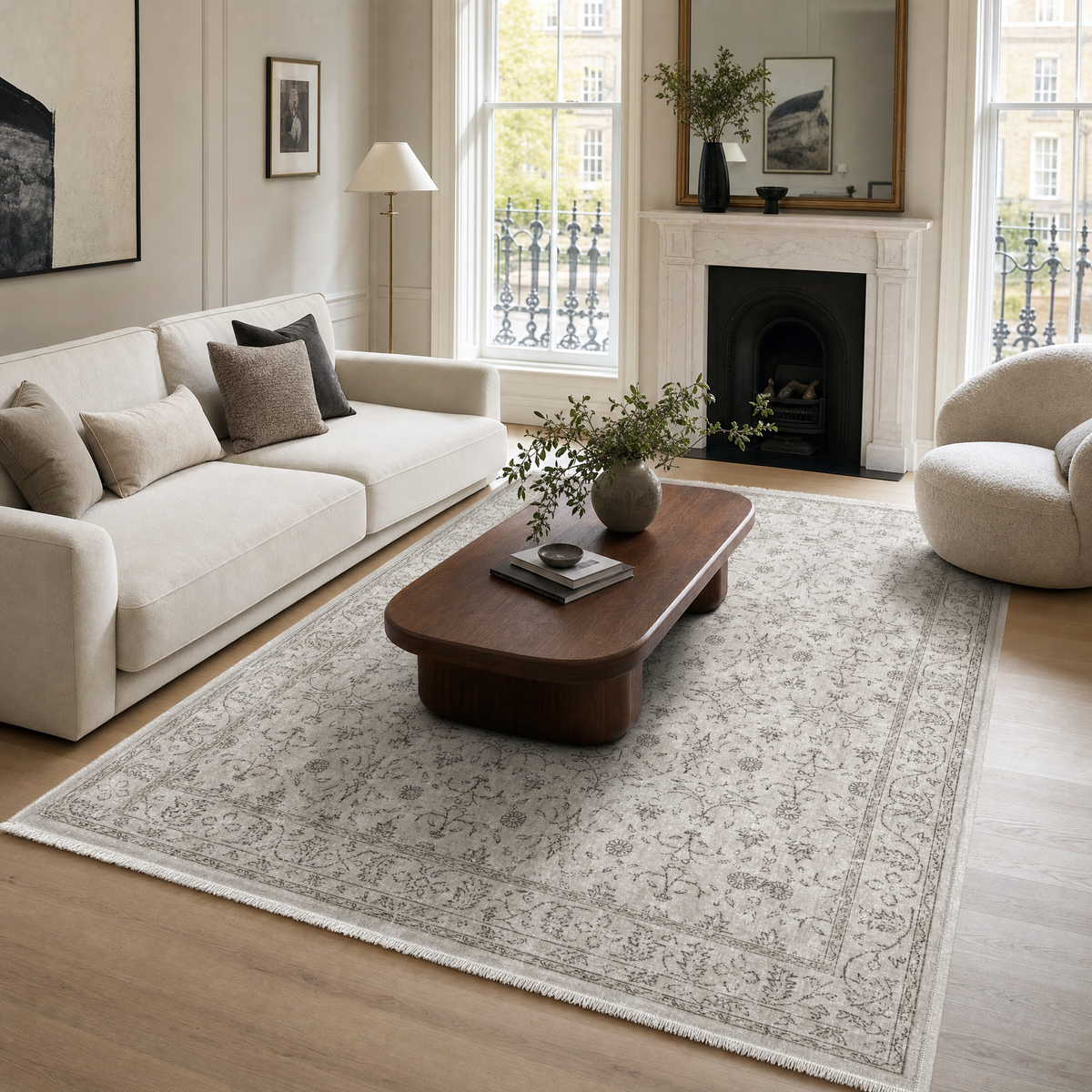 Tapis Géométrique Vintage Crème et Blanc Lavable Jeanne, vue principale