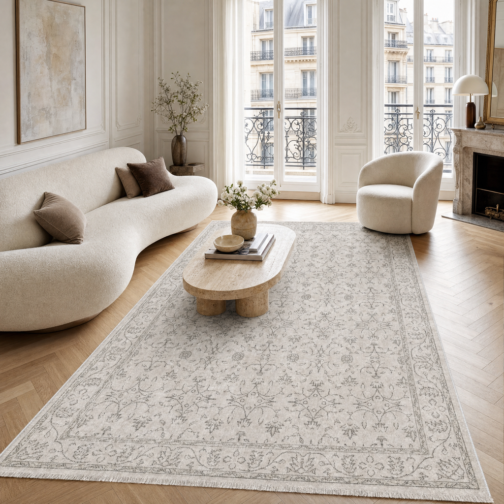 Détail du motif du tapis géométrique vintage crème et blanc lavable Jeanne