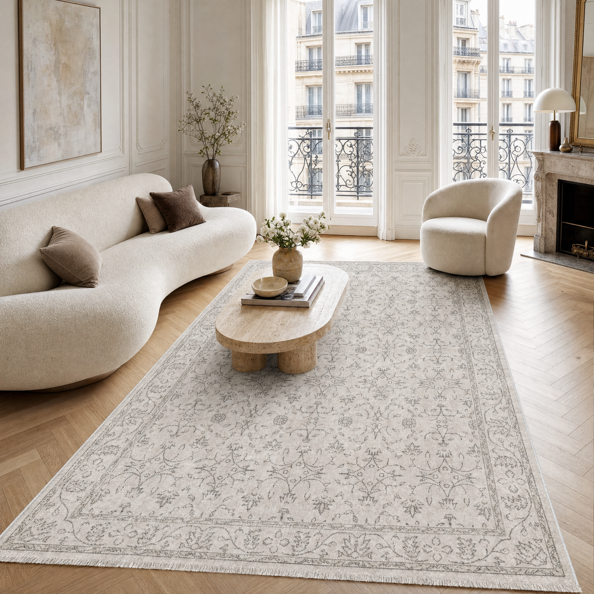 Détail du motif du tapis géométrique vintage crème et blanc lavable Jeanne