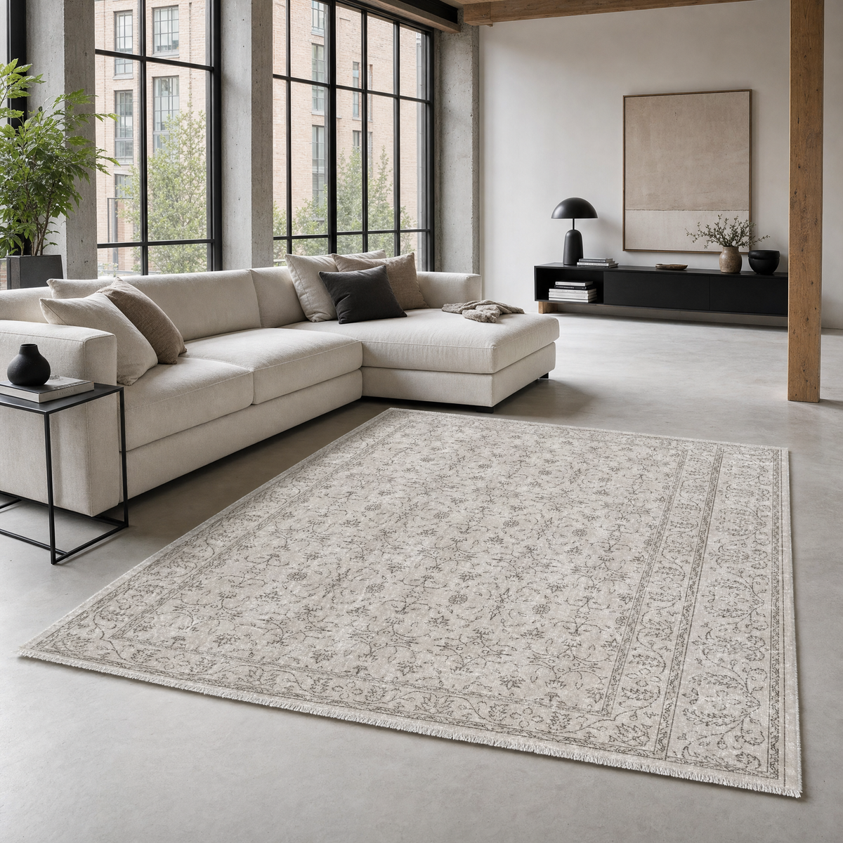 Tapis Géométrique Vintage Crème et Blanc Lavable Jeanne, vue 3