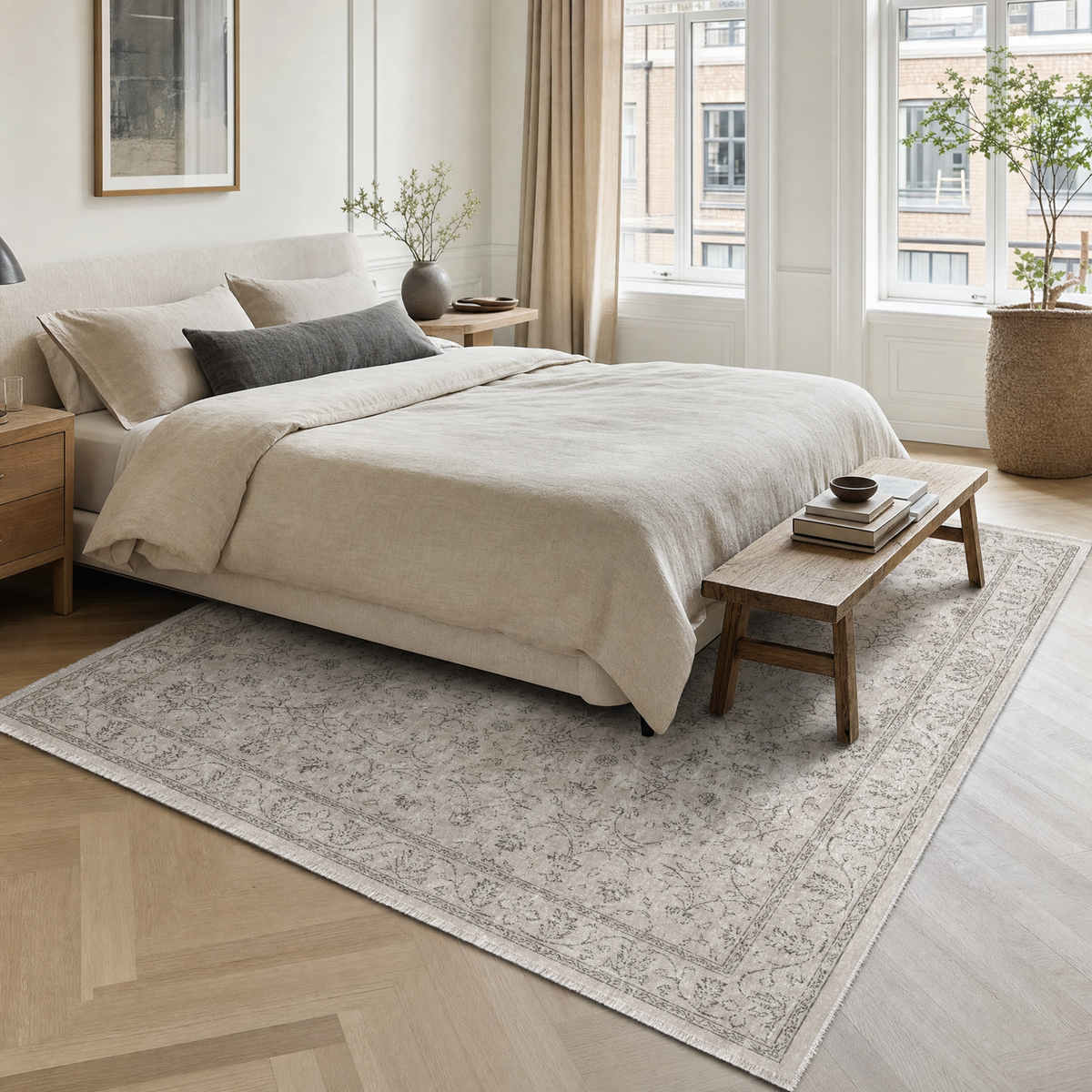 Tapis Géométrique Vintage Crème et Blanc Lavable Jeanne, vue 7