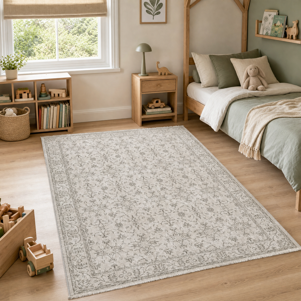 Tapis Géométrique Vintage Crème et Blanc Lavable Jeanne, vue 9