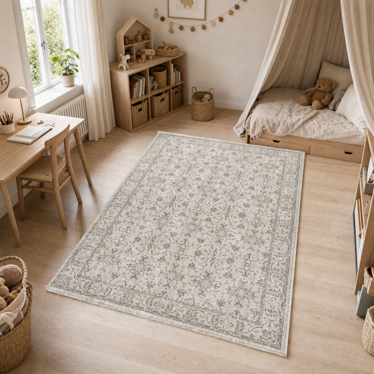 Tapis Géométrique Vintage Crème et Blanc Lavable Jeanne, vue 10