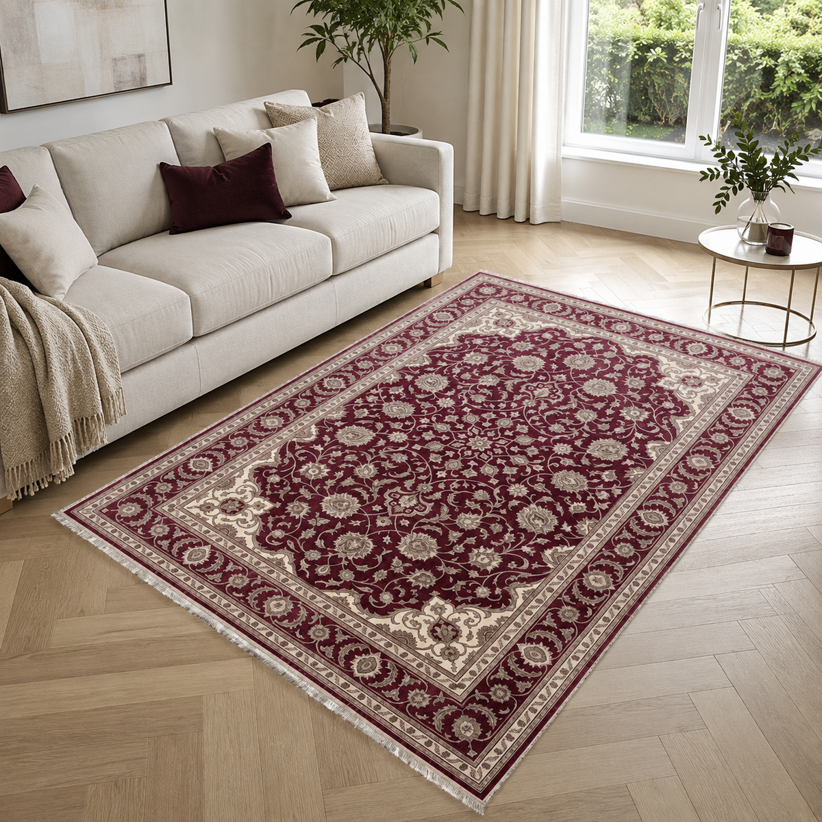 Tapis Classique Vintage Crème et Blanc Lavable Basile, vue principale