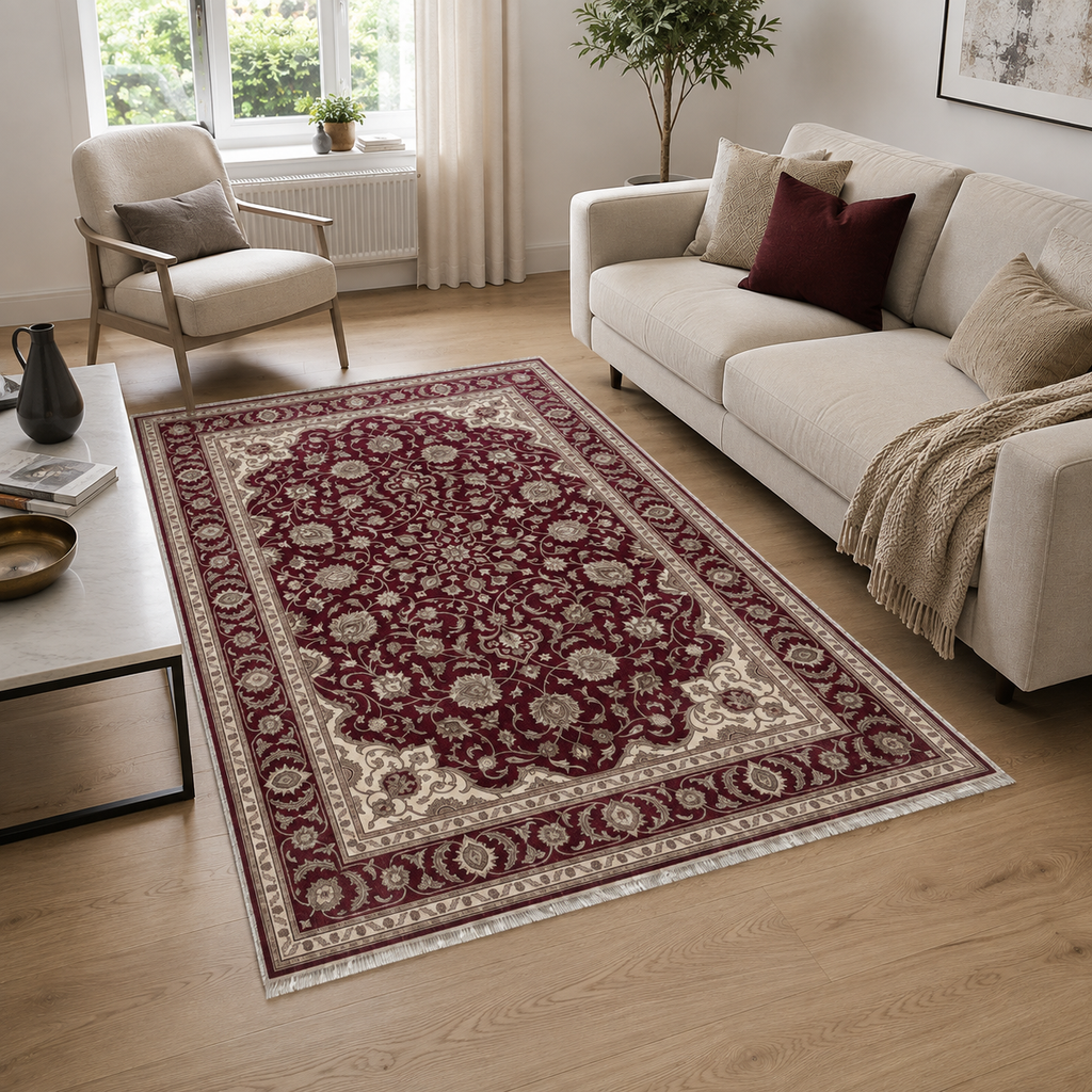 Détail du motif du tapis classique vintage crème et blanc lavable Basile