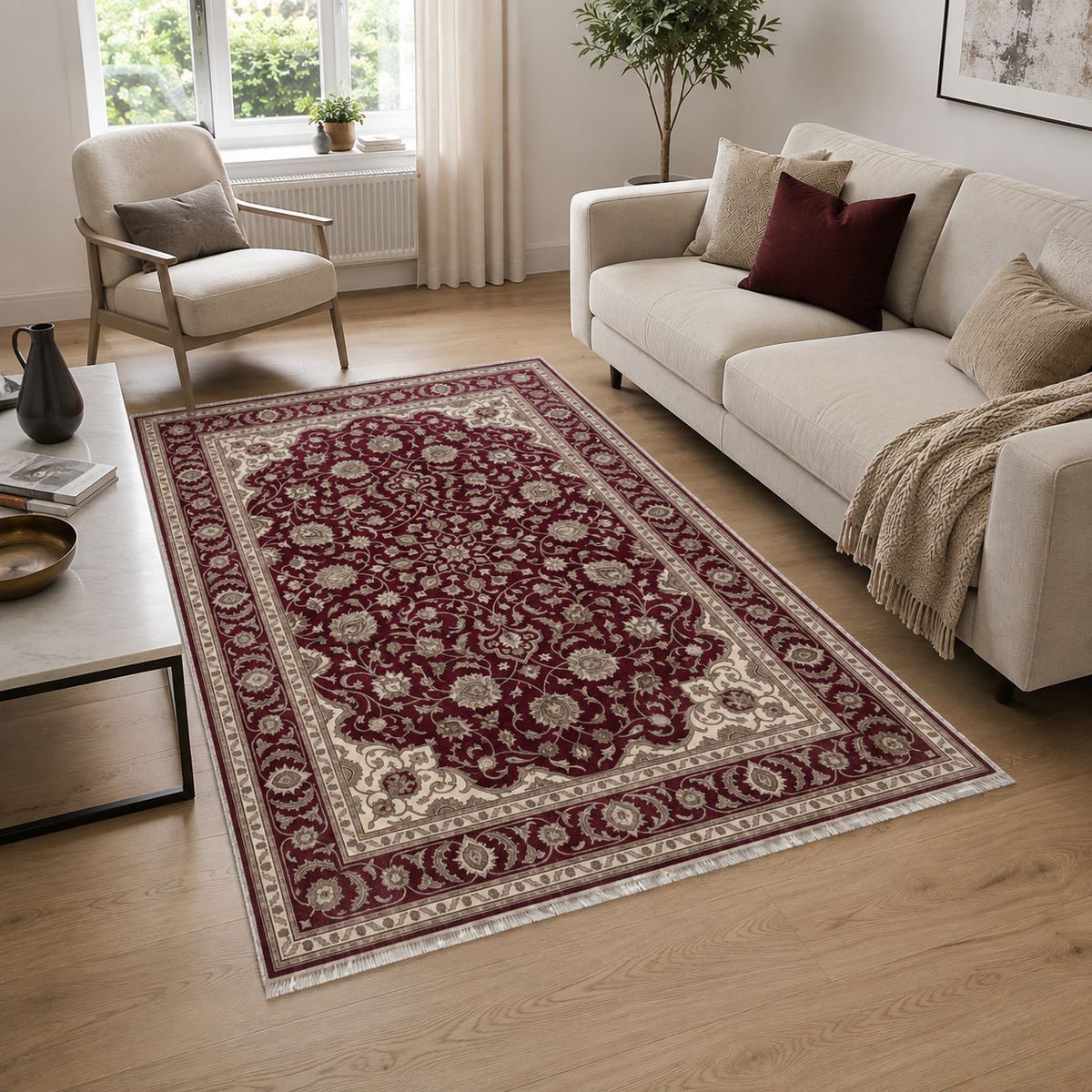 Détail du motif du tapis classique vintage crème et blanc lavable Basile