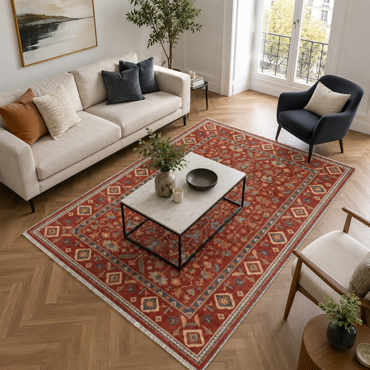 Détail du motif du tapis ethnique bordeaux lavable Aline