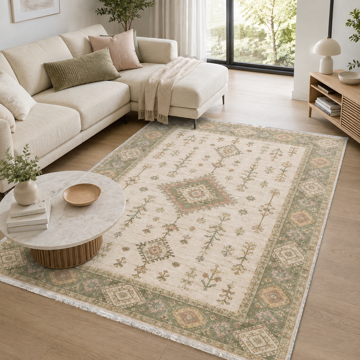 Tapis Ethnique Crème et Blanc Lavable Nara, vue 4