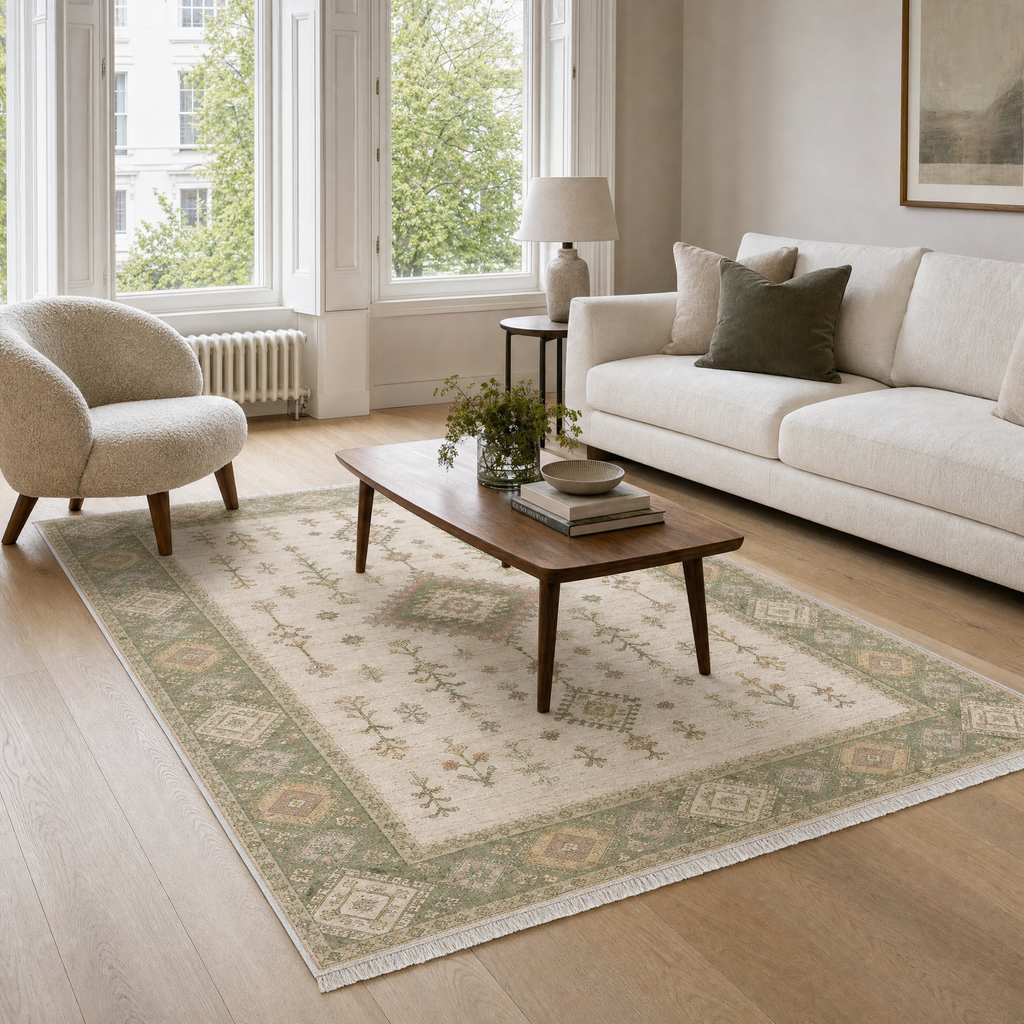 Tapis Ethnique Crème et Blanc Lavable Nara, vue principale
