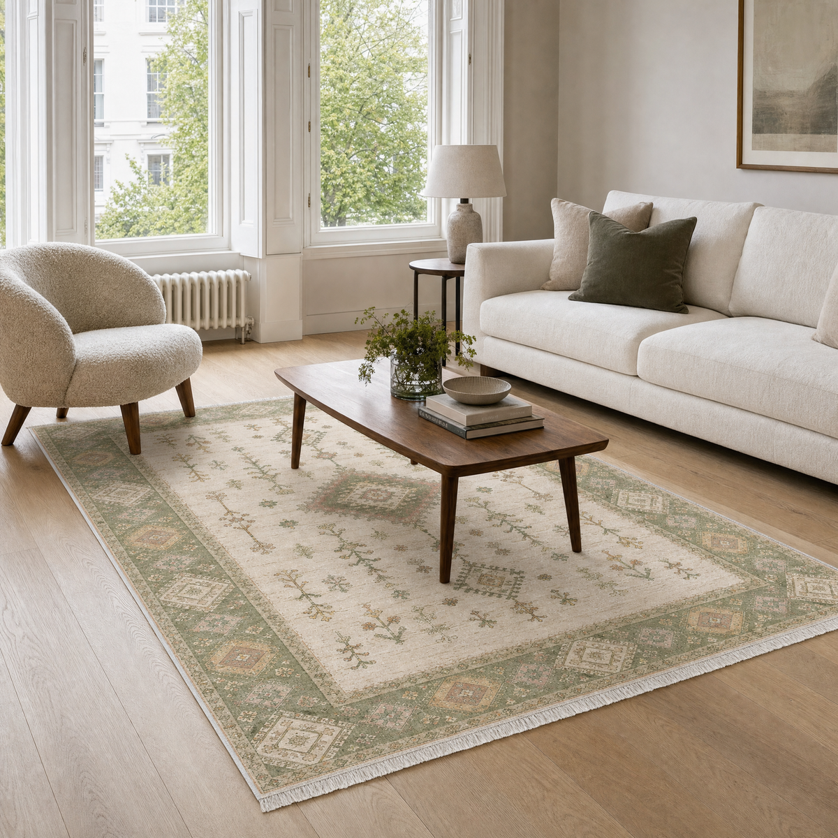 Tapis Ethnique Crème et Blanc Lavable Nara, vue principale