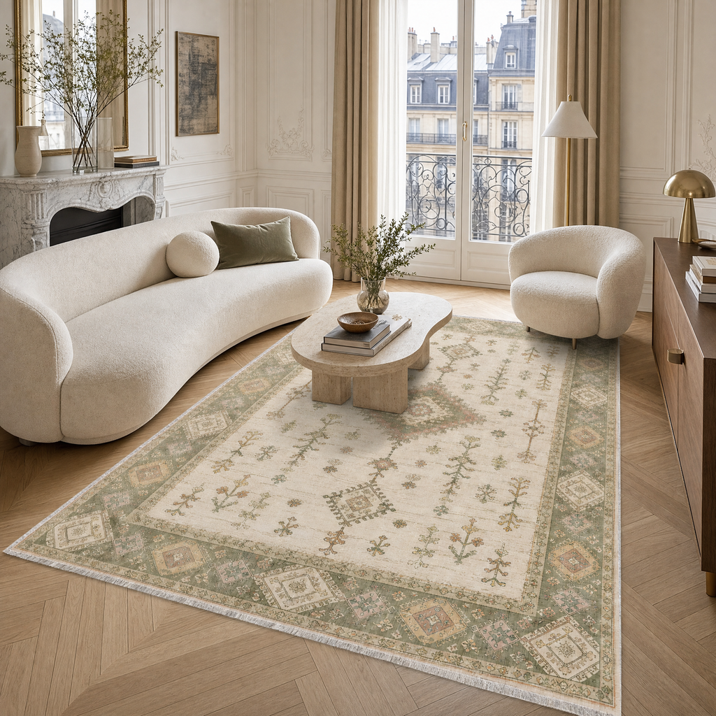 Détail du motif du tapis ethnique crème et blanc lavable Nara