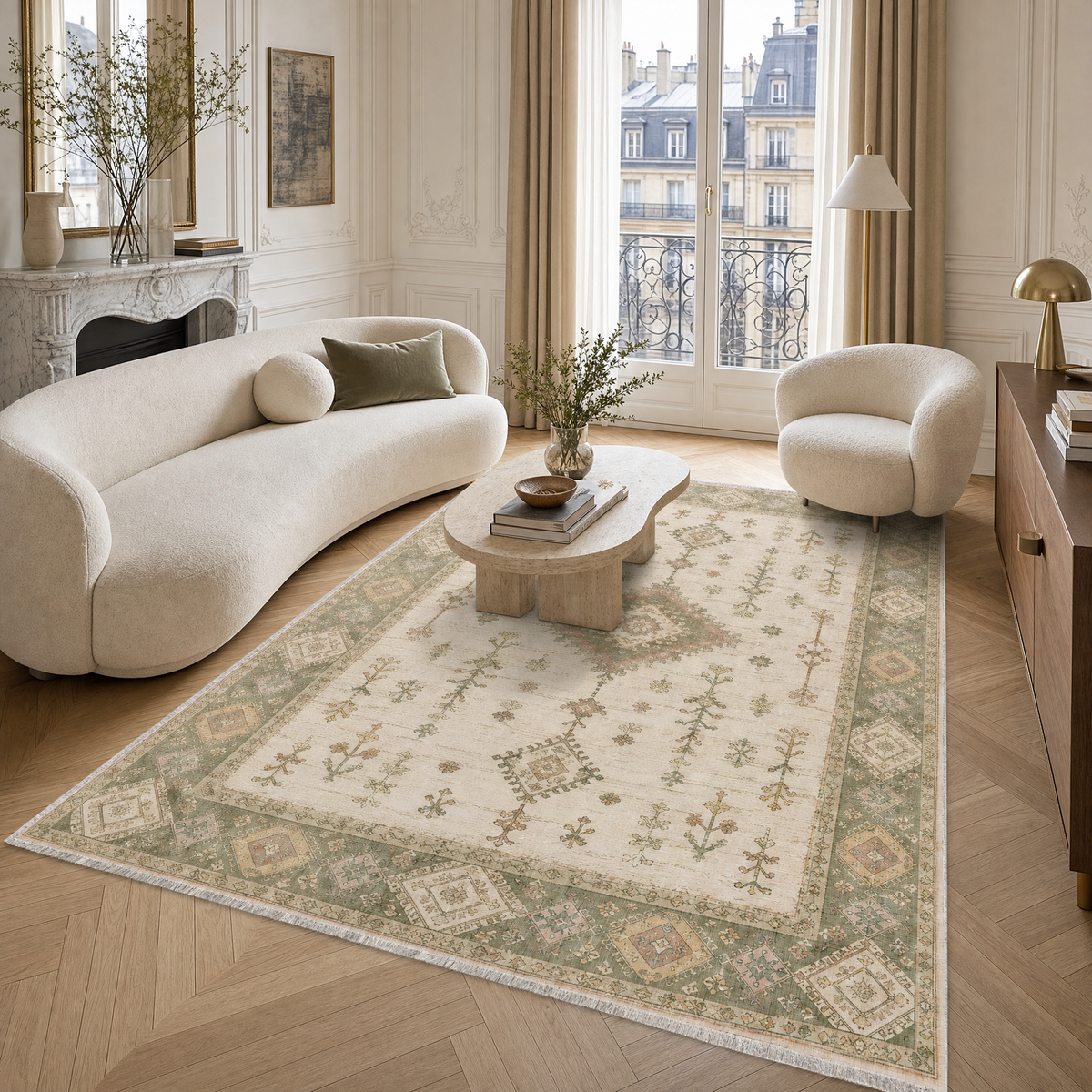 Détail du motif du tapis ethnique crème et blanc lavable Nara