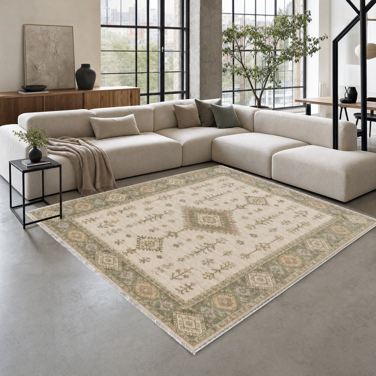 Tapis Ethnique Crème et Blanc Lavable Nara, vue 3
