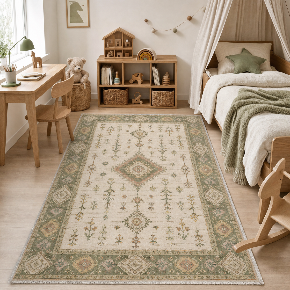 Tapis Ethnique Crème et Blanc Lavable Nara, vue 10