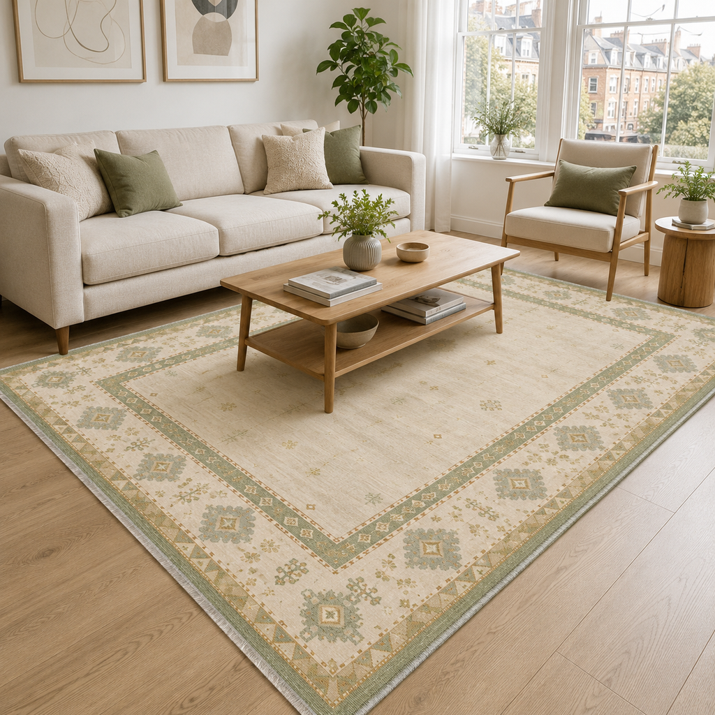 Tapis Ethnique Crème et Blanc Lavable Aline, vue principale