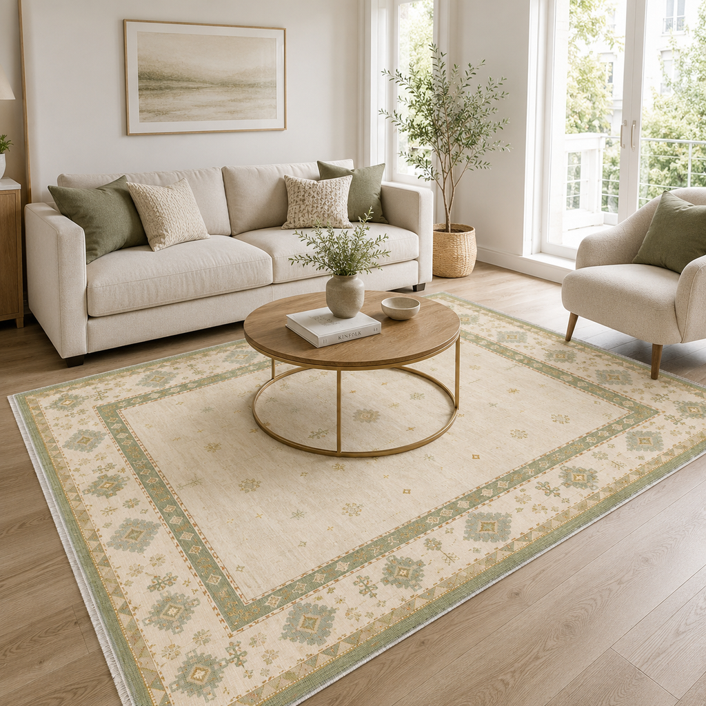 Détail du motif du tapis ethnique crème et blanc lavable Aline