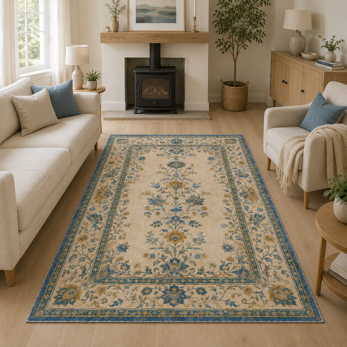 Tapis Géométrique Moderne Crème et Blanc Lavable Cécilia, vue principale