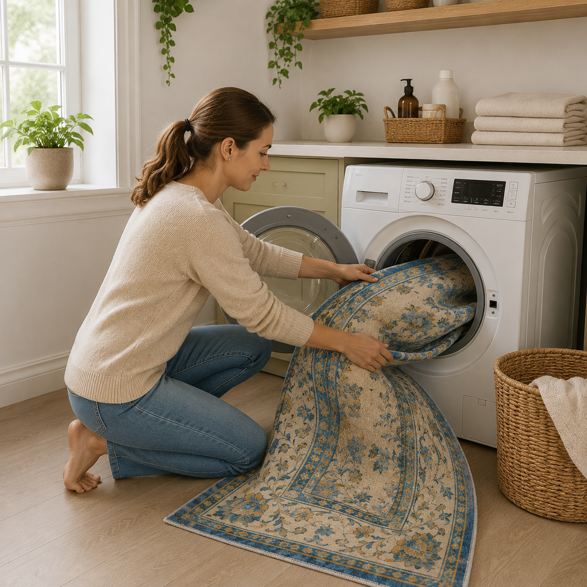Détail du motif du tapis géométrique moderne crème et blanc lavable Cécilia