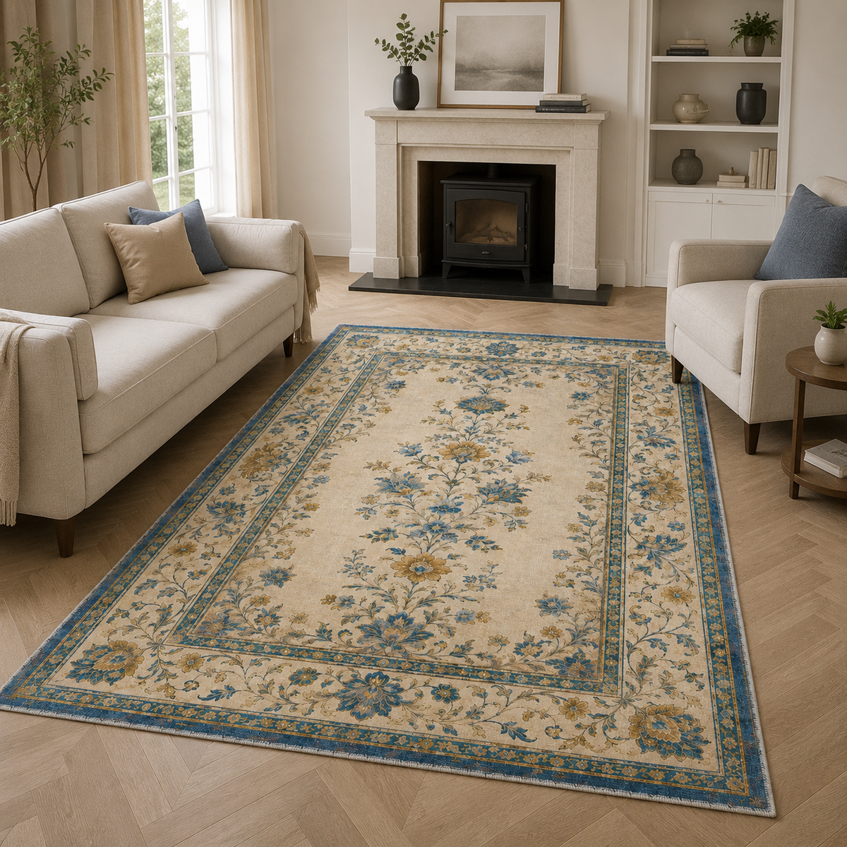 Tapis Géométrique Moderne Crème et Blanc Lavable Cécilia, vue 4
