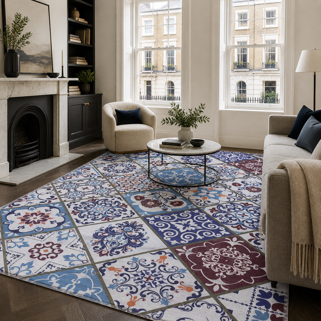Tapis Ethnique Crème et Blanc Lavable Solveig, vue principale