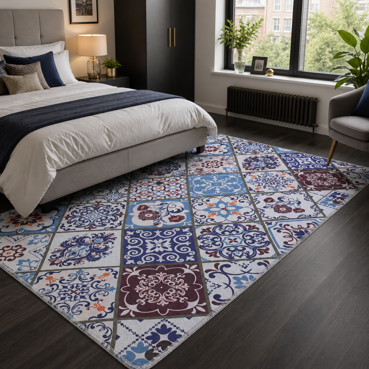 Détail du motif du tapis ethnique crème et blanc lavable Solveig