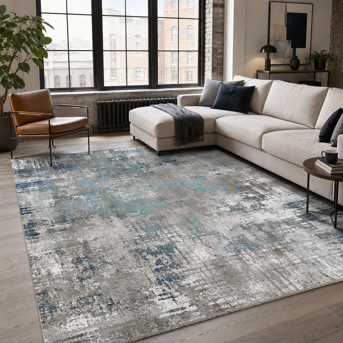 Tapis Géométrique Moderne Bleu Marine Lavable Léa, vue principale