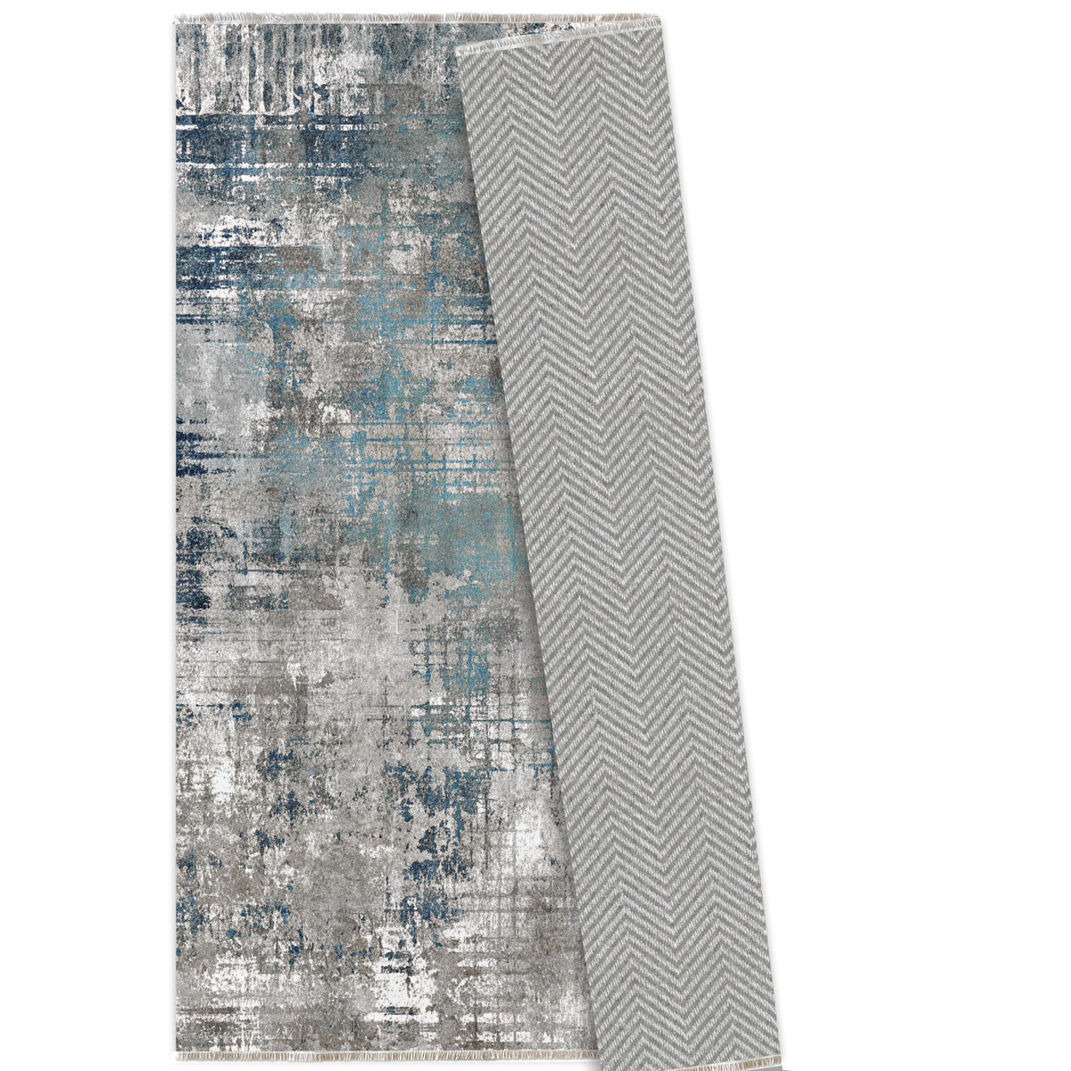 Détail du motif du tapis géométrique moderne bleu marine lavable Léa