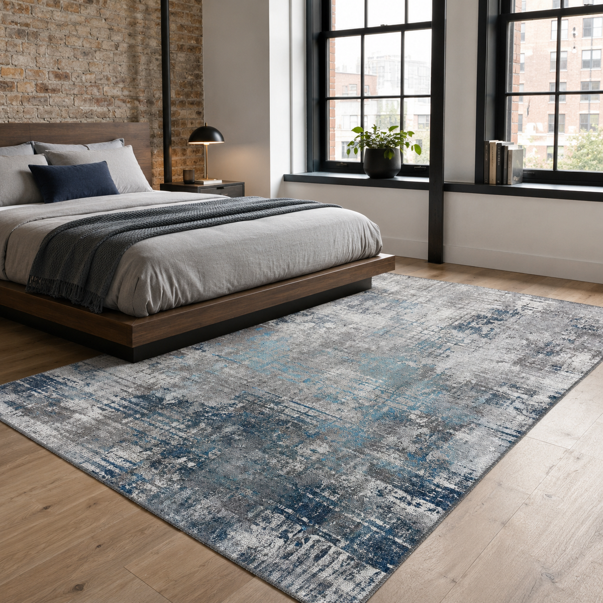 Tapis Géométrique Moderne Bleu Marine Lavable Léa, vue 3
