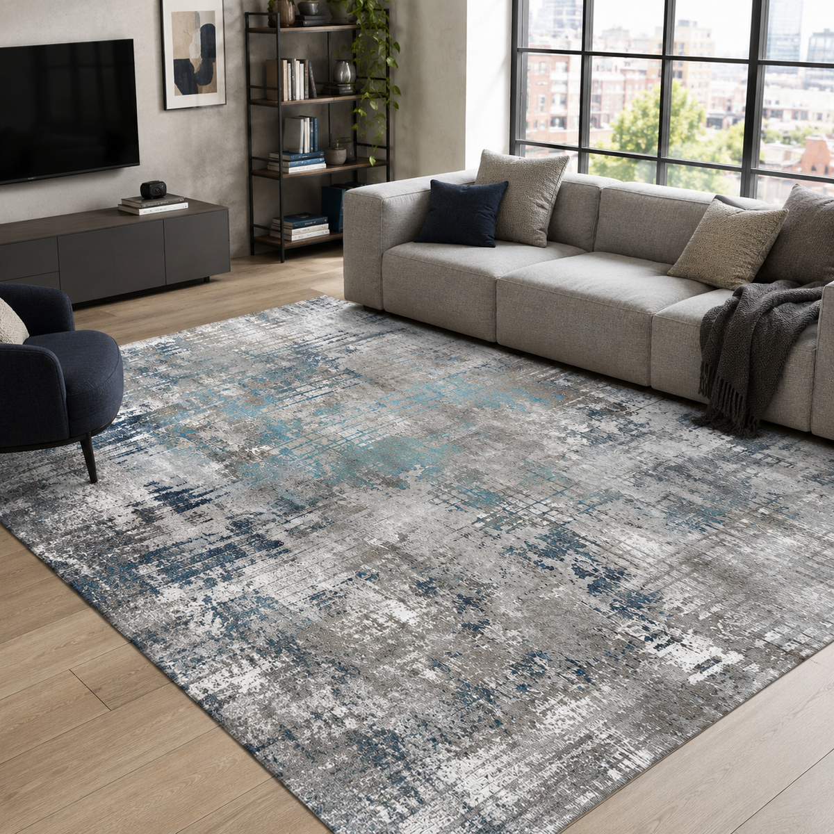 Tapis Géométrique Moderne Bleu Marine Lavable Léa, vue 10